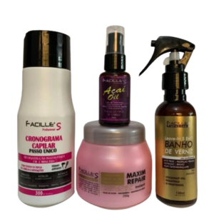 kit promocional cronograma óleo de Açai máscara maxim repair leavin 5x1 banho de verniz